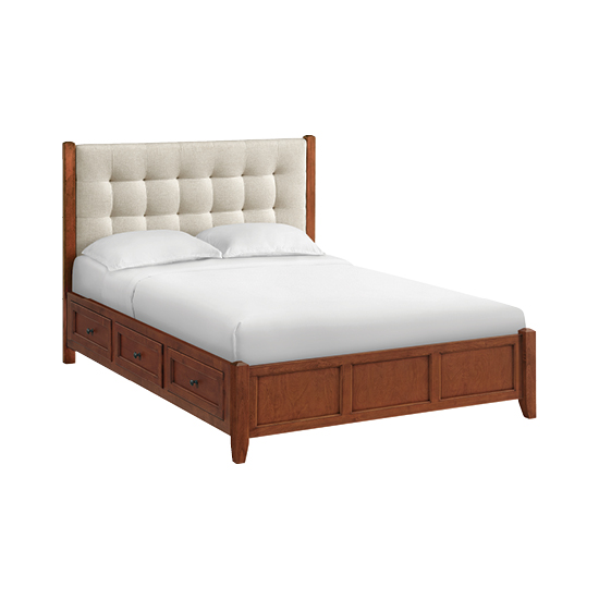 McKenzie Queen Upholstered Panel Storage Bed shown in glazed antique cherry finish