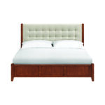Front view of McKenzie King Upholstered Panel Storage Bed in glazed antique cherry finish with Taupe Square Stitch Upholstery head on