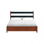 Front view of McKenzie King Upholstered Panel Storage Bed in glazed antique cherry finish