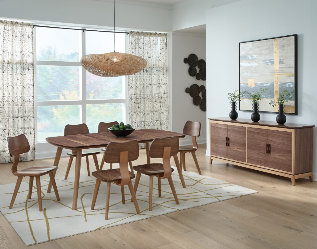 Upholstered Arm bench used with the Addison dining table