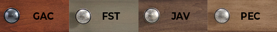 Finish options in order: glazed antique cherry, fieldstone, java, and pecan