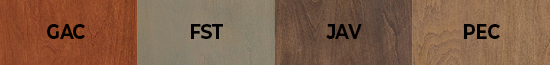 Finish options in order: glazed antique cherry, fieldstone, java, and pecan