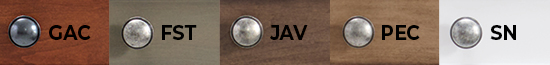 Finish options in order: glazed antique cherry, fieldstone, java, pecan, and snowbound