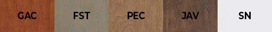 Finish options in order: glazed antique cherry, fieldstone, java, pecan, and snowbound
