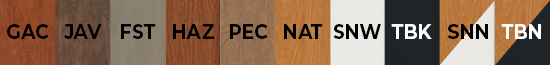 Available finishes: glazed antique cherry, java, fieldstone, hazelnut, pecan, natural alder, snowbound, tricorn black, snowbound natural, tricorn black natural